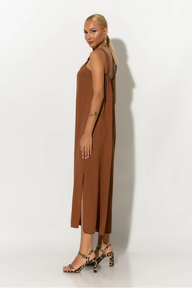 Μίντι φόρεμα knot halter neck καφέ Μίντι φόρεμα knot halter neck καφέ