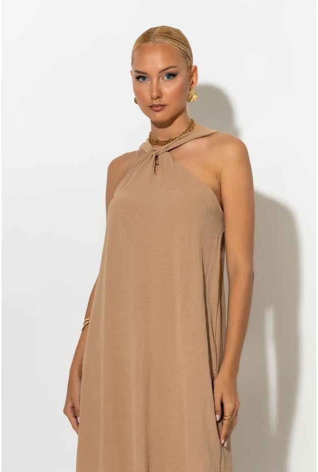 Μίντι φόρεμα knot halter neck μπεζ σκούρο