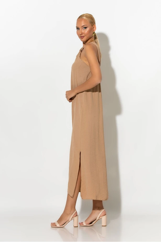 Μίντι φόρεμα knot halter neck μπεζ σκούρο 