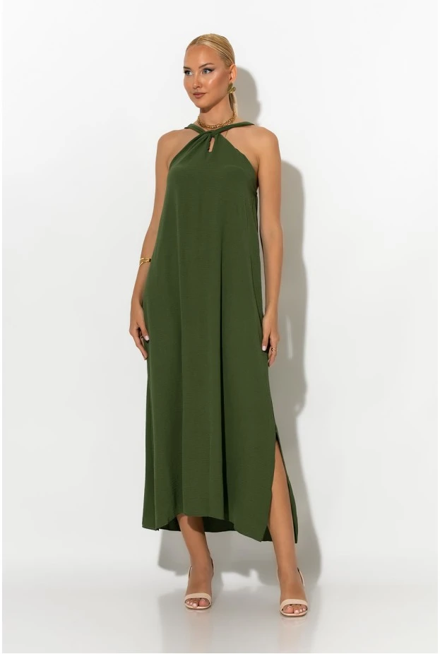 Μίντι φόρεμα knot halter neck χακί