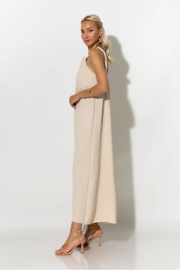Μίντι φόρεμα knot halter neck μπεζ Μίντι φόρεμα knot halter neck μπεζ