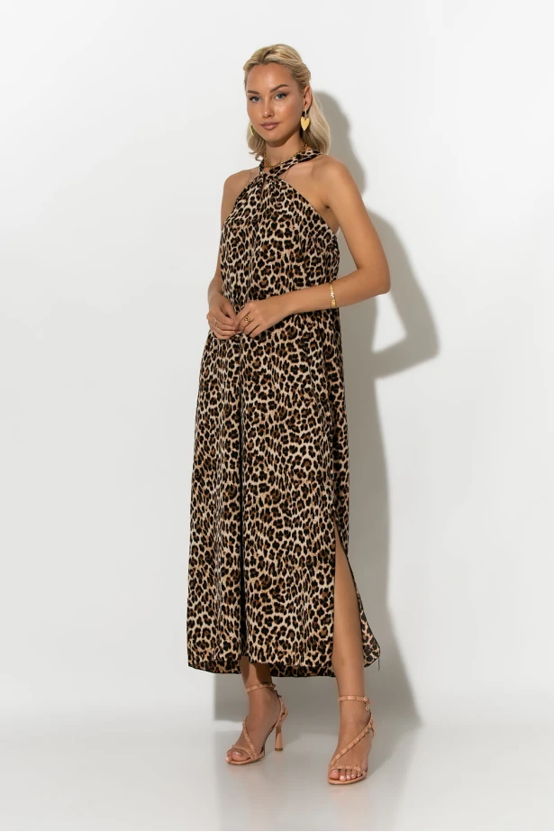 Μίντι φόρεμα knot halter neck λεοπάρ μπεζ Μίντι φόρεμα knot halter neck λεοπάρ μπεζ