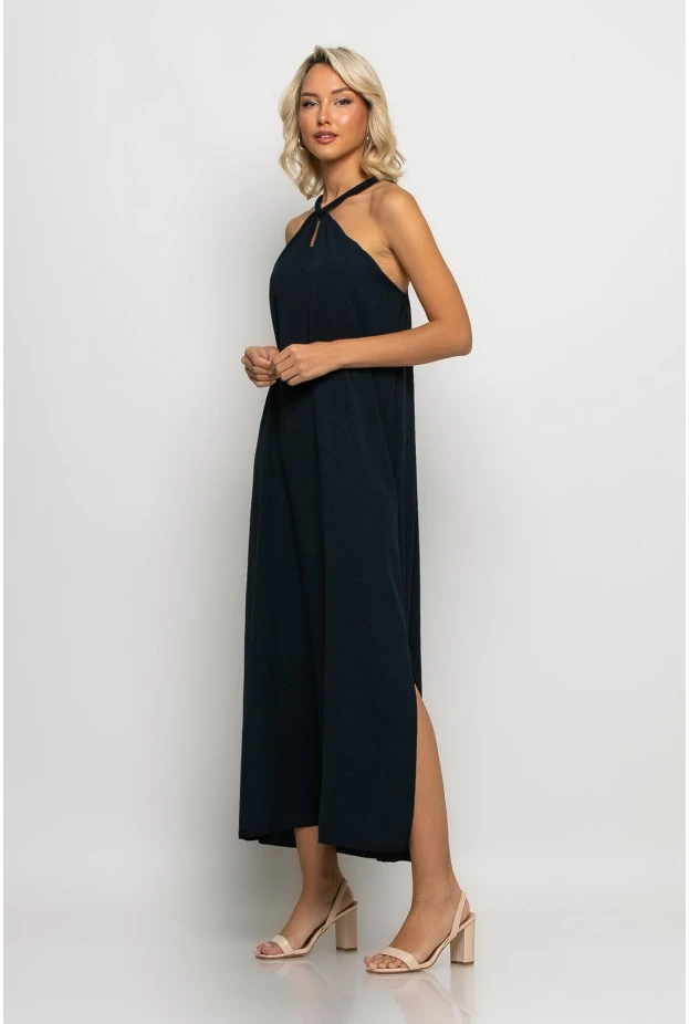 Μίντι φόρεμα knot halter neck μπλε navy