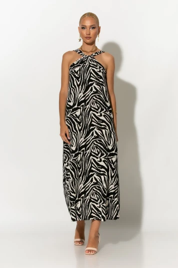 Μίντι φόρεμα knot halter neck λεοπάρ μπεζ σκούρο