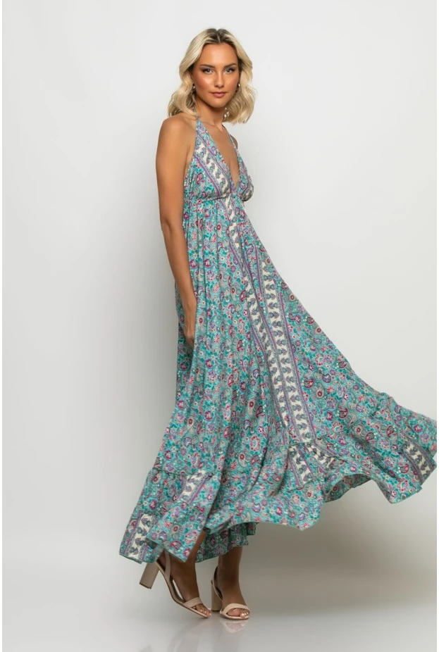 Μάξι φόρεμα boho floral και ανοιχτή πλάτη τιρκουάζ-ματζέντα