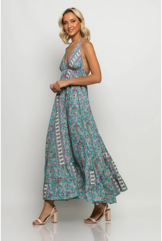 Μάξι φόρεμα boho floral και ανοιχτή πλάτη τιρκουάζ-ματζέντα
