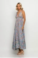 Μάξι φόρεμα boho floral και ανοιχτή πλάτη σιέλ-ροζ