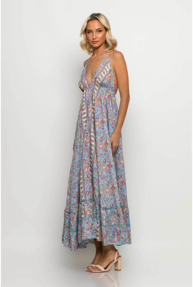 Μάξι φόρεμα boho floral και ανοιχτή πλάτη σιέλ-ροζ
