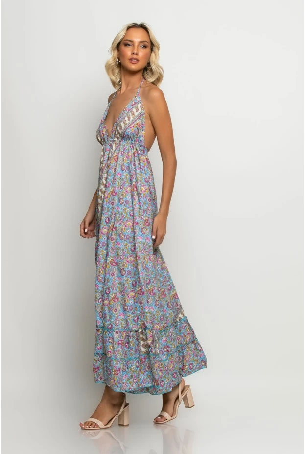 Μάξι φόρεμα boho floral και ανοιχτή πλάτη σιέλ-ροζ