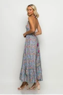 Μάξι φόρεμα boho floral και ανοιχτή πλάτη σιέλ-ροζ