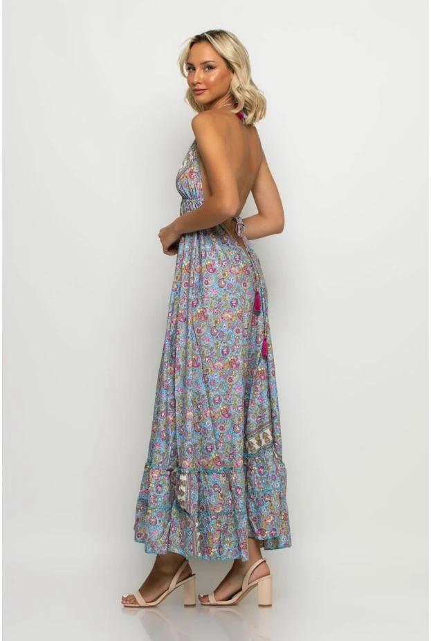 Μάξι φόρεμα boho floral και ανοιχτή πλάτη σιέλ-ροζ