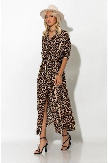 Μάξι φόρεμα leopard print με ζωνάκι μπεζ