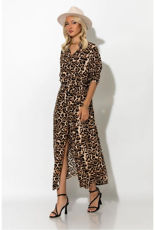 Μάξι φόρεμα leopard print με ζωνάκι μπεζ