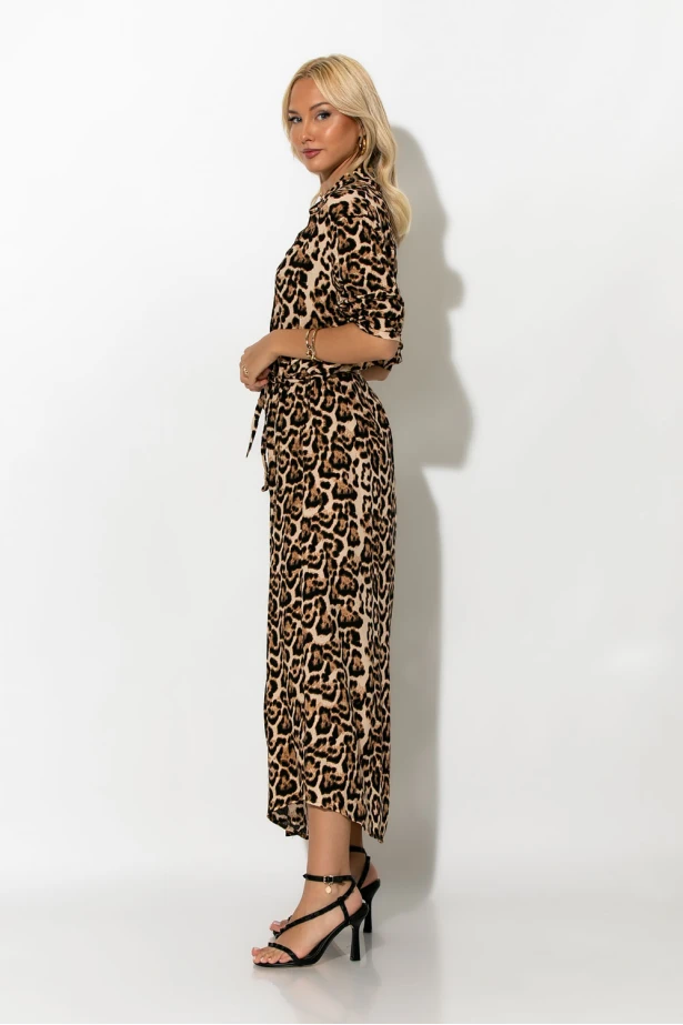 Μάξι φόρεμα leopard print με ζωνάκι μπεζ