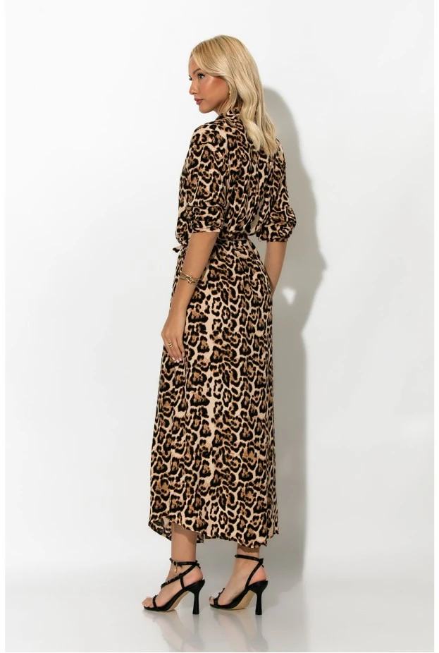 Μάξι φόρεμα leopard print με ζωνάκι μπεζ
