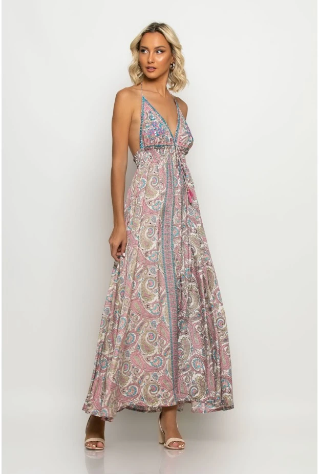 Μάξι φόρεμα boho τύπου σατέν με ανοιχτή πλάτη ροζ-τιρκουάζ
