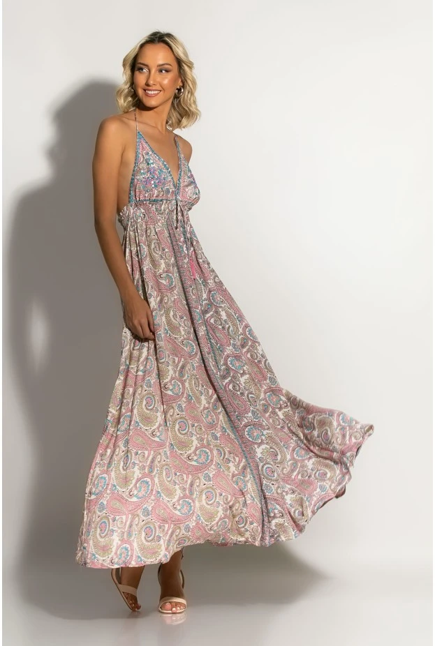Μάξι φόρεμα boho τύπου σατέν με ανοιχτή πλάτη ροζ-τιρκουάζ