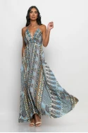 Μάξι φόρεμα boho τύπου σατέν με ανοιχτή πλάτη σιέλ