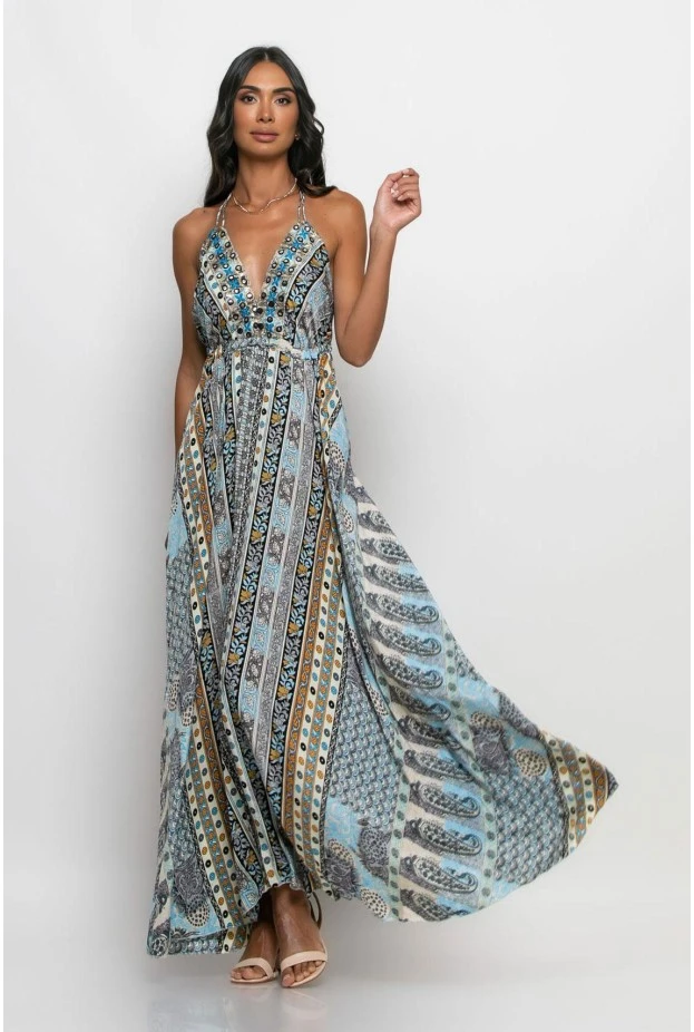 Μάξι φόρεμα boho τύπου σατέν με ανοιχτή πλάτη σιέλ