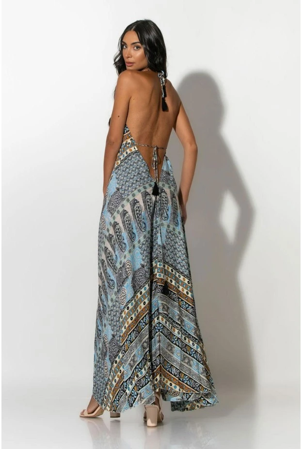 Μάξι φόρεμα boho τύπου σατέν με ανοιχτή πλάτη σιέλ