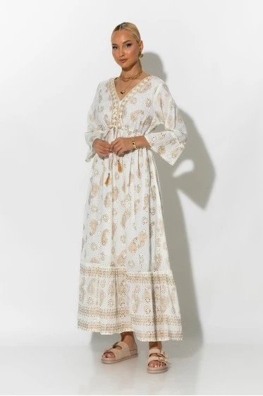 Boho φόρεμα κυπούρ με παγιέτα στην λαιμόκοψη μπεζ