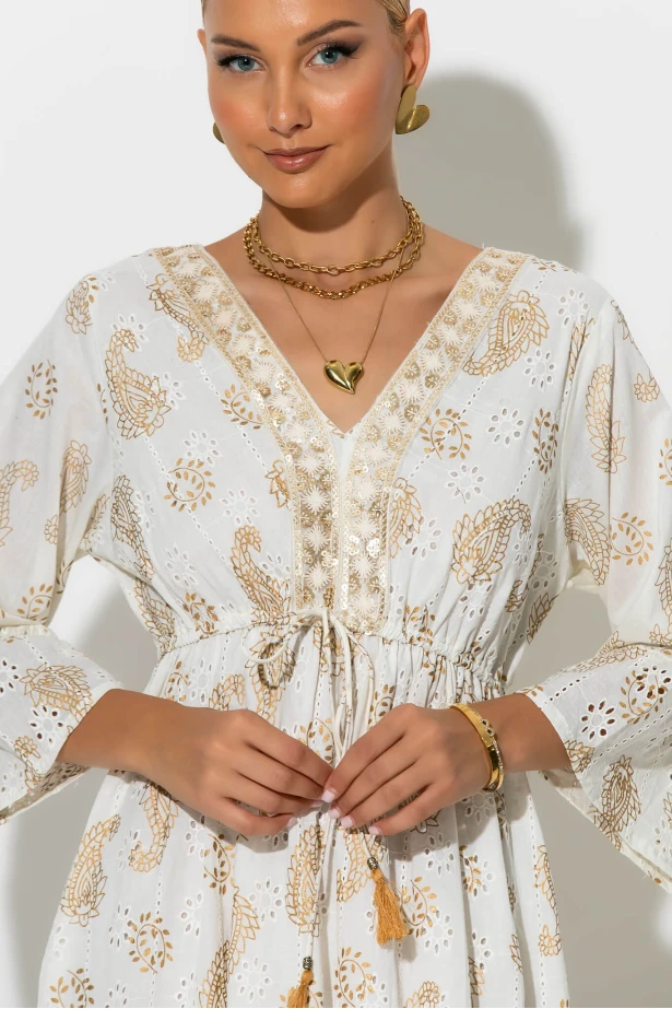 Boho φόρεμα κυπούρ με παγιέτα στην λαιμόκοψη μπεζ 