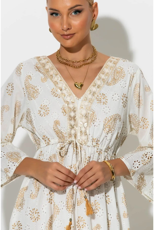 Boho φόρεμα κυπούρ με παγιέτα στην λαιμόκοψη μπεζ
