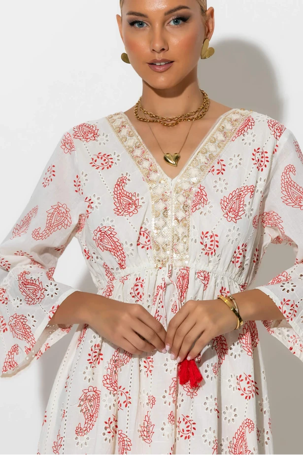 Boho φόρεμα κυπούρ με παγιέτα στην λαιμόκοψη κόκκινο 
