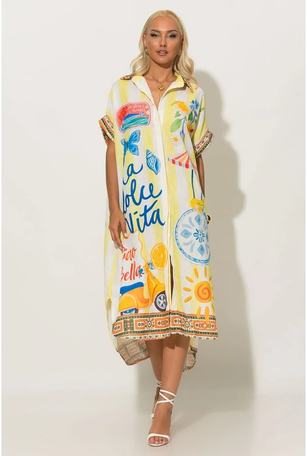 Φόρεμα-πουκαμίσα oversized με print dolce vita κίτρινο
