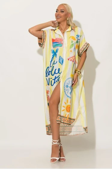 Φόρεμα-πουκαμίσα oversized με print dolce vita κίτρινο