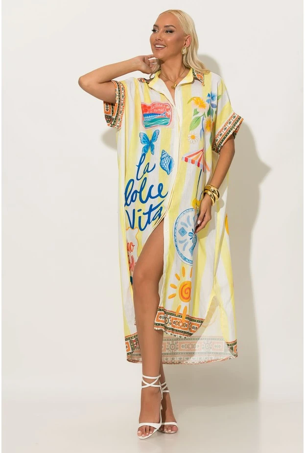 Φόρεμα-πουκαμίσα oversized με print dolce vita κίτρινο