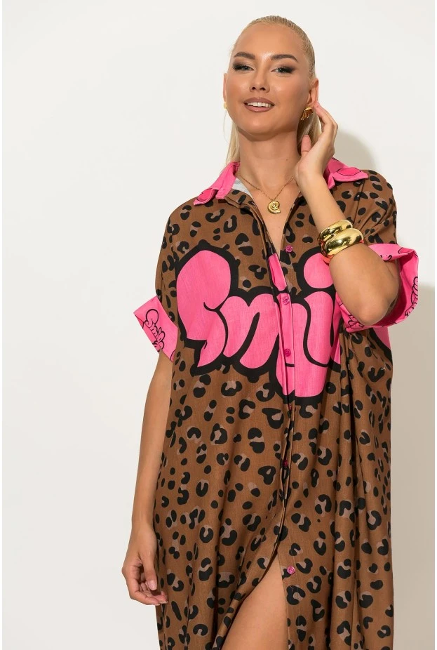 Φόρεμα-πουκαμίσα oversized leopard με print smile καφέ