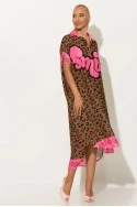Φόρεμα-πουκαμίσα oversized leopard με print smile καφέ