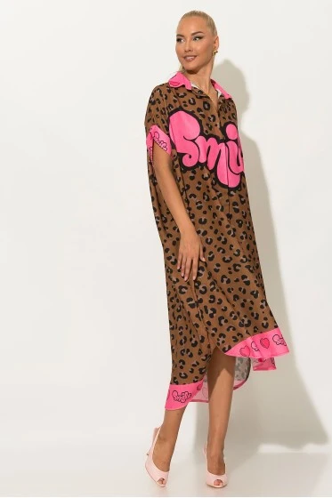 Φόρεμα-πουκαμίσα oversized leopard με print smile καφέ