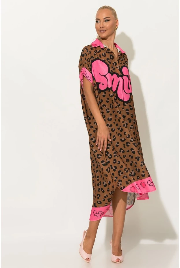 Φόρεμα-πουκαμίσα oversized leopard με print smile καφέ