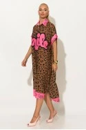 Φόρεμα-πουκαμίσα oversized leopard με print smile καφέ
