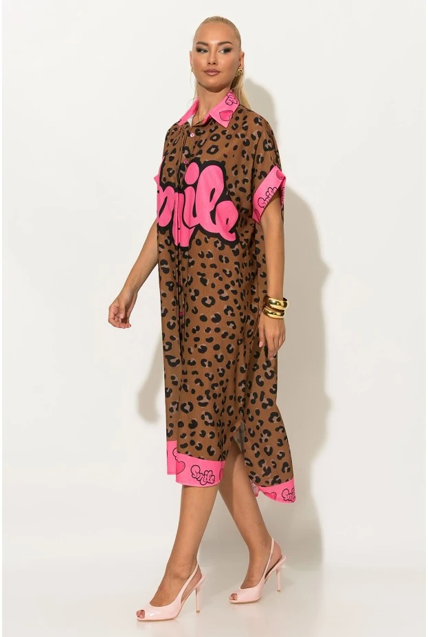 Φόρεμα-πουκαμίσα oversized leopard με print smile καφέ