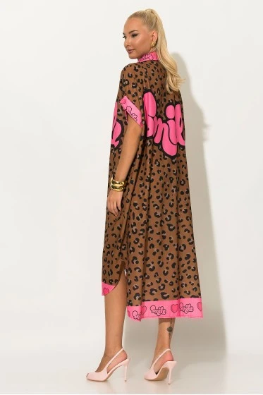 Φόρεμα-πουκαμίσα oversized leopard με print smile καφέ
