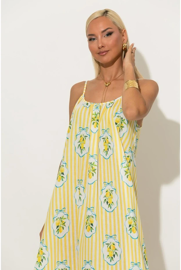 Φόρεμα μίντι τιραντέ ριγέ με print lemon κίτρινο