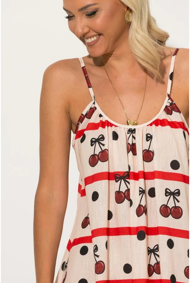 Φόρεμα μάξι τιραντέ με print cherry μπεζ