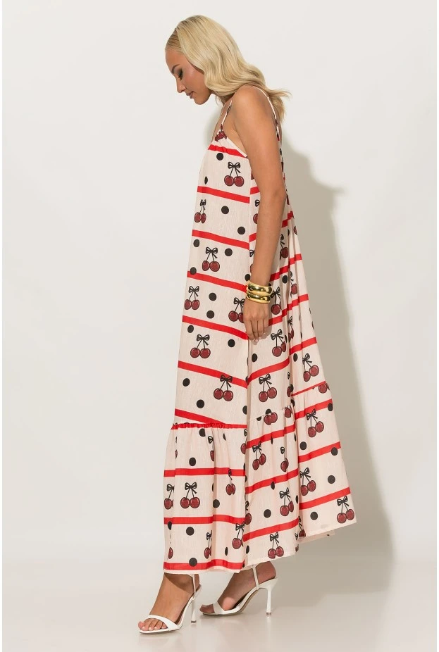Φόρεμα μάξι τιραντέ με print cherry μπεζ