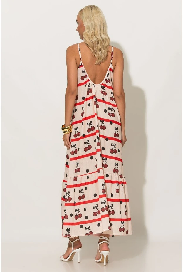 Φόρεμα μάξι τιραντέ με print cherry μπεζ