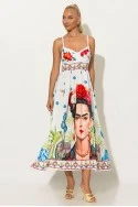 Φόρεμα μίντι τιραντέ με print frida λευκό