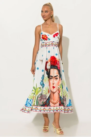 Φόρεμα μίντι τιραντέ με print frida λευκό