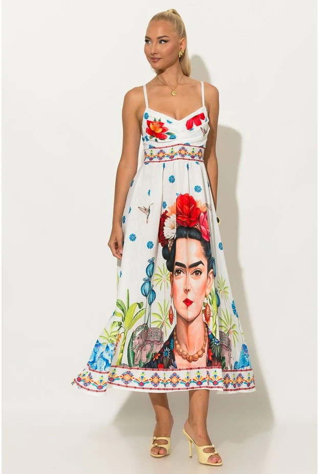 Φόρεμα μίντι τιραντέ με print frida λευκό
