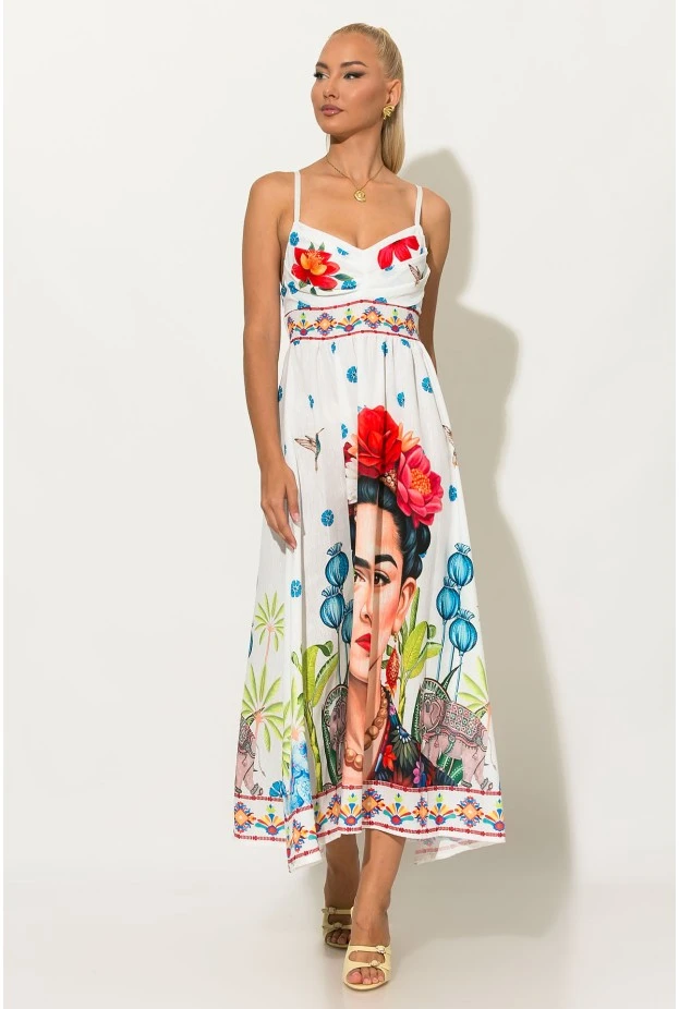 Φόρεμα μίντι τιραντέ με print frida λευκό