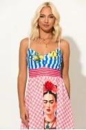 Φόρεμα μίντι τιραντέ καρό με print frida ροζ