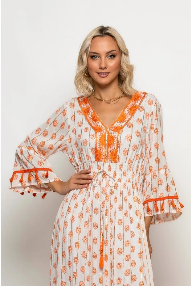 Μάξι φόρεμα boho με τρουακάρ μανίκια πορτοκαλί