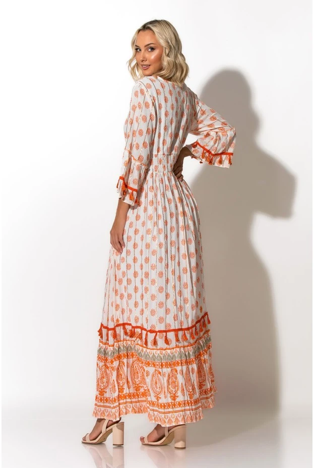 Μάξι φόρεμα boho με τρουακάρ μανίκια πορτοκαλί