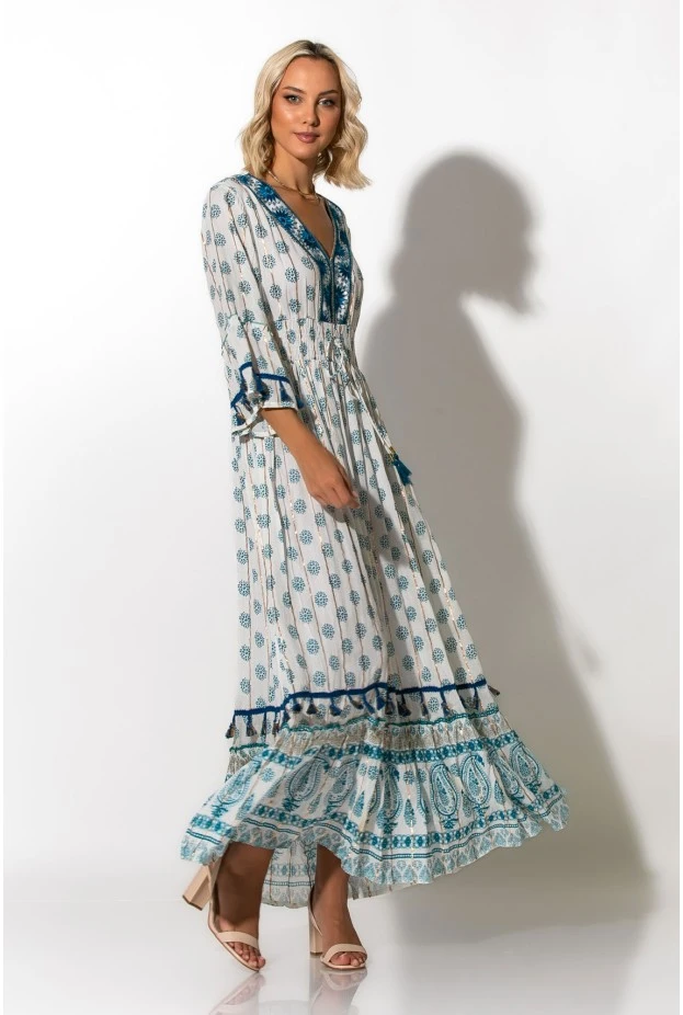 Μάξι φόρεμα boho με τρουακάρ μανίκια σιέλ